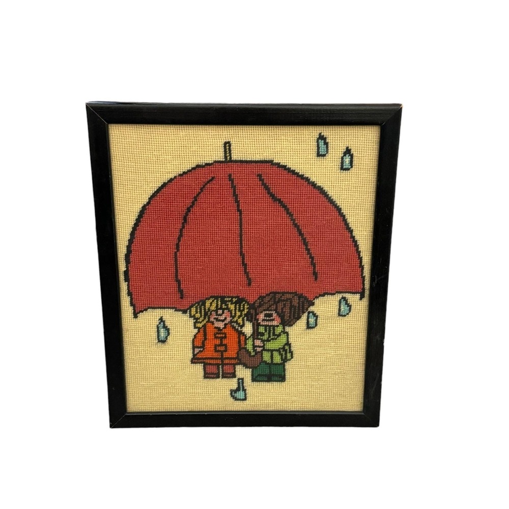 Vintage Framed Needlepoint‎ Children Big Umbrella Kitschy 70's Design